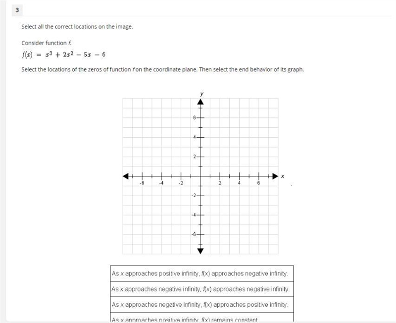 Consider function f. f(x)= x^3 + 2x^2 - 5x - 6 Select the locations of the zeros of-example-1