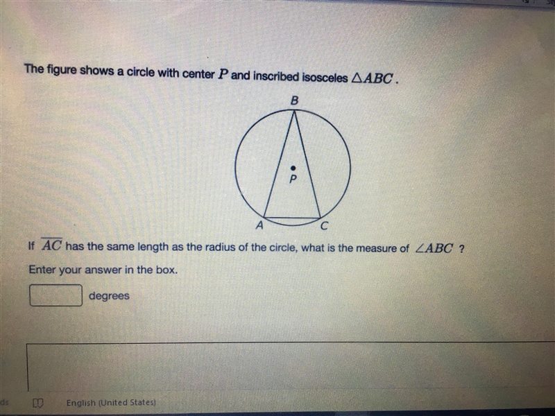 The figure shows a circle with center P and inscribed isosceles Triangle ABC. If AC-example-1