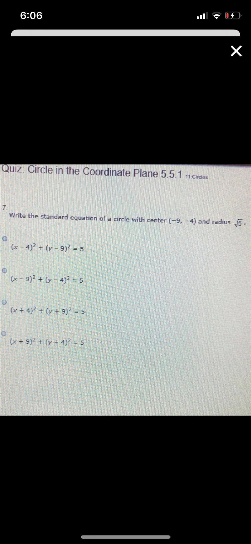 Write the standard equation of a circle with center (−9, −4) and radius square root-example-1