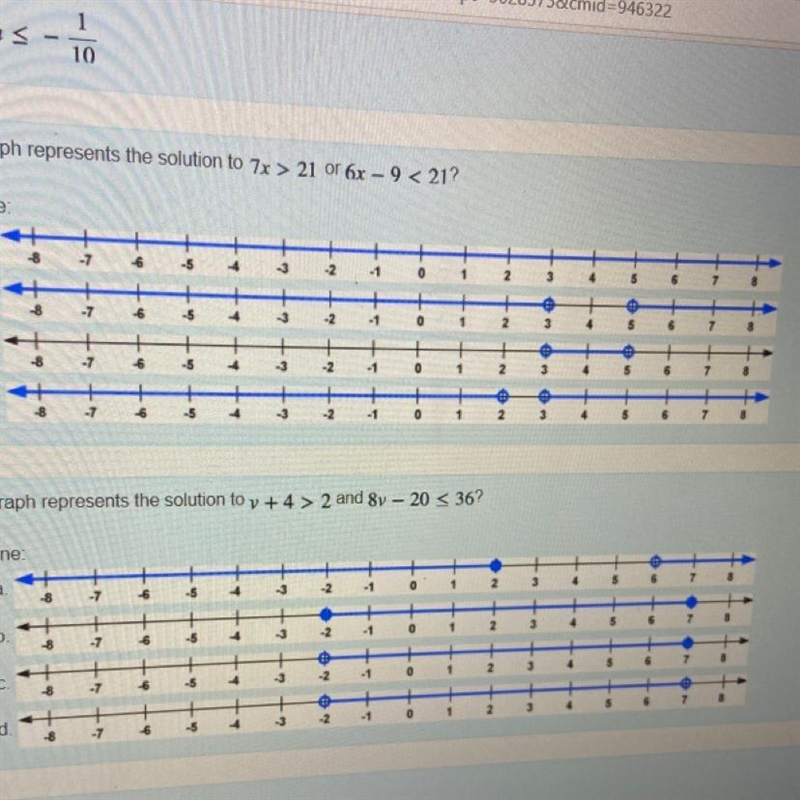 Which represents the solution to 7x > 21 or 6x - 9 < 21?-example-1