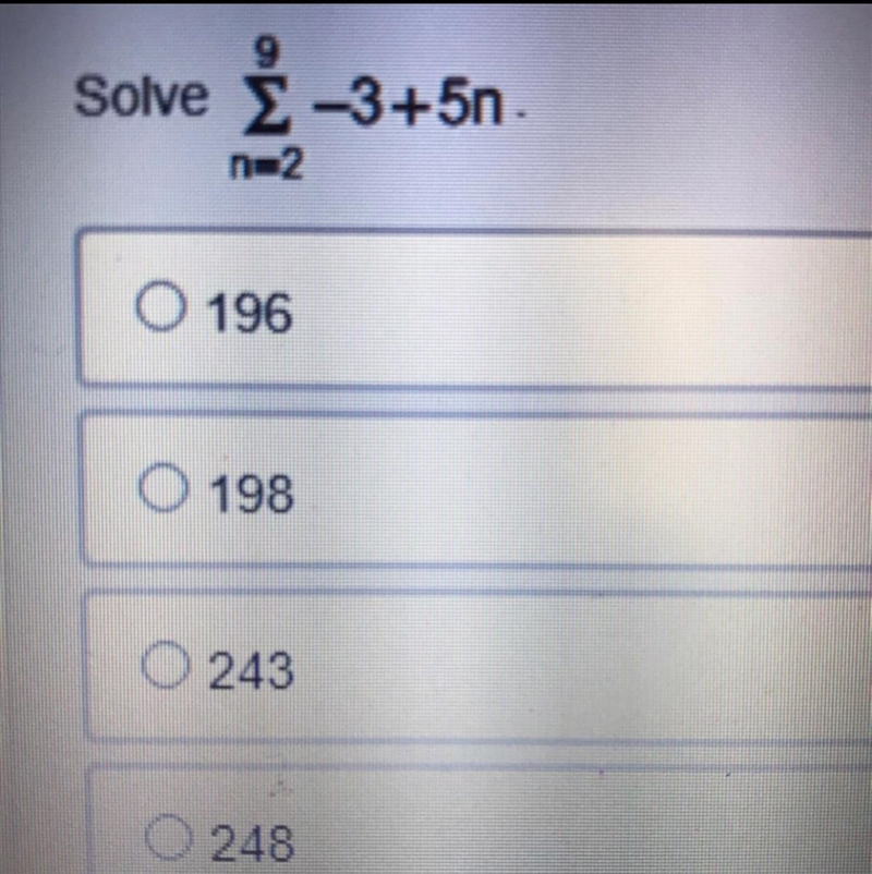 PLEASE HELP ASAP!! Solve the equation below. A. 196 B. 198 C. 243 D. 248-example-1