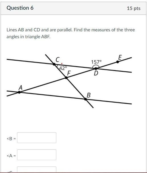 Lines AB and CD and are parallel. Find the measures of the three angles in triangle-example-1