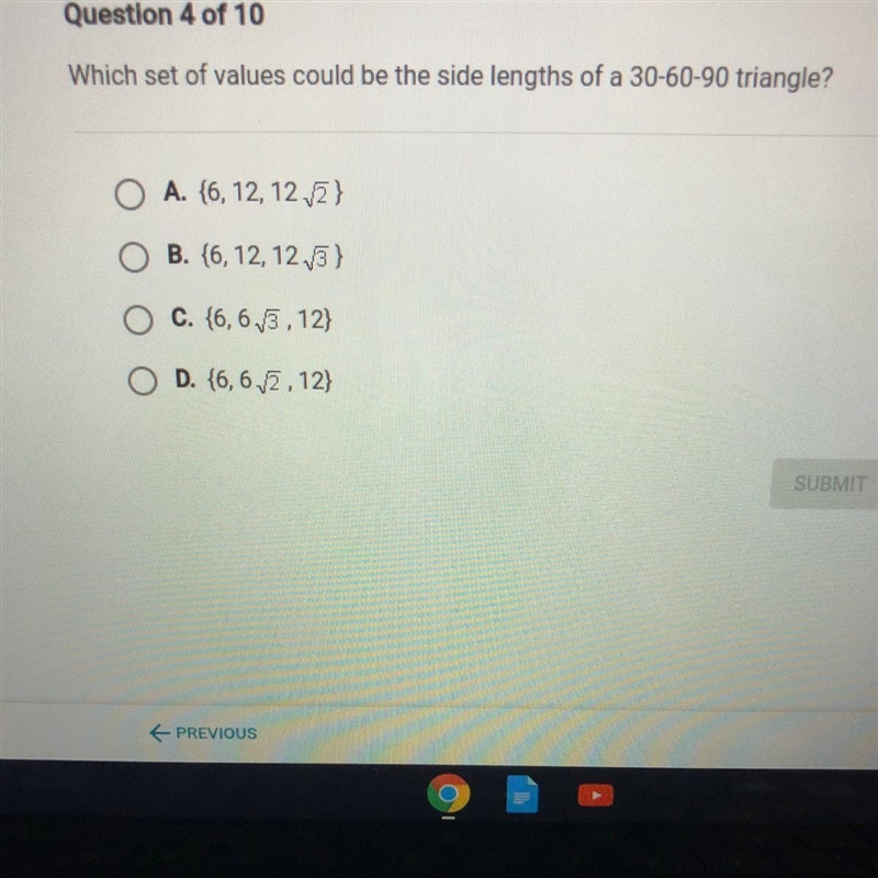 Question 4 of 10 Which set of values could be the side lengths of a 30-60-90 triangle-example-1