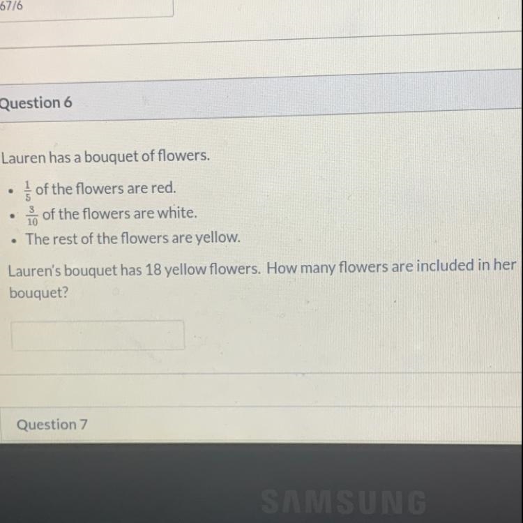 Lauren has a bouquet of flowers. 1/5 of the flowers are red 3/10 of the flowers are-example-1