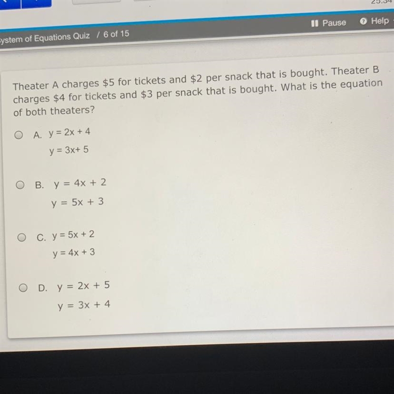 Theater A charges $5 for tickets and $2 per snack that is bought. Theater B charges-example-1