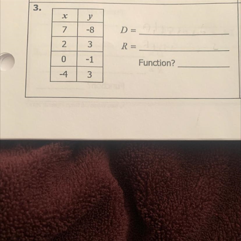 D= R= Function? Find the domain and range of each relation. Then, determine if the-example-1