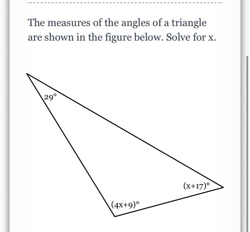 The measures of the angles of a triangle are shown in the figure below. Solve for-example-1