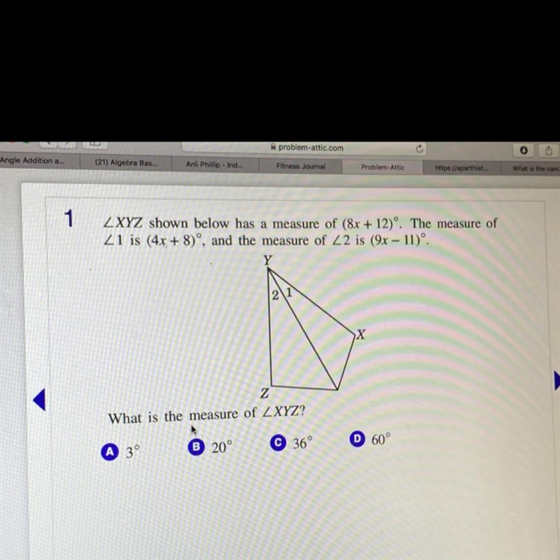 XYZ shown below has a measure of (8x + 12)°. The measure of 1 is (4x + 8)°, and the-example-1