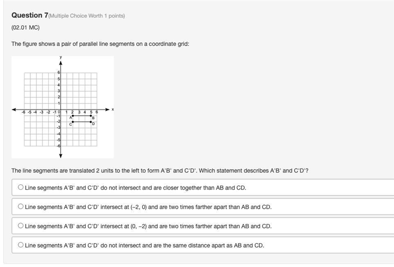 The figure shows a pair of parallel line segments on a coordinate grid: A coordinate-example-1