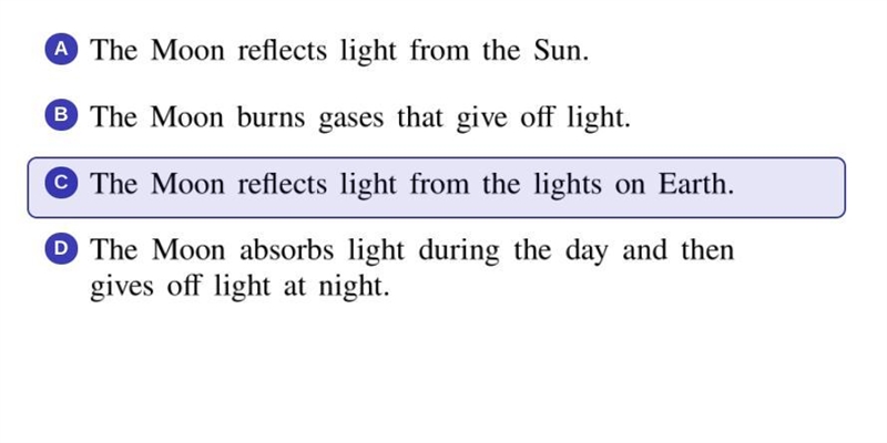 Please help! which sentence explains why the moon can be seen from the earth at night-example-1