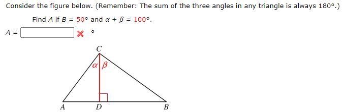 Find A if B = 50° and α + β = 100°-example-1