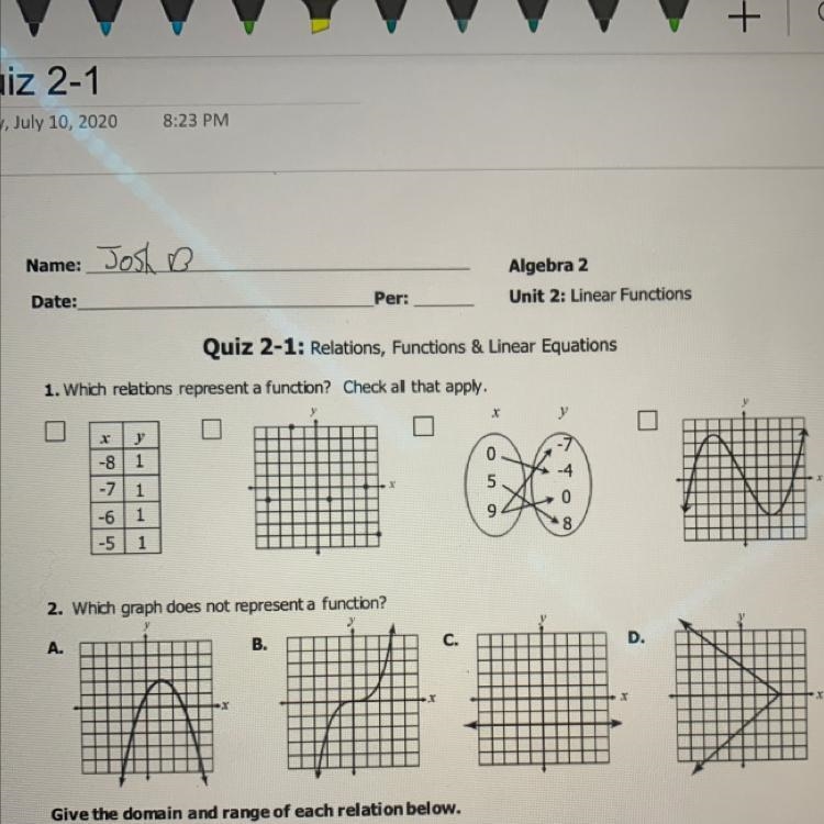 Do both 1 & 2, find if they represent functions or if they don’t-example-1