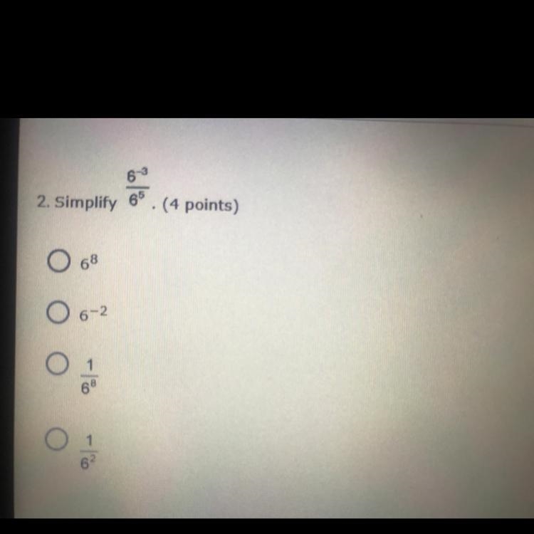 Please help. Simplify 6^-3/6^-5-example-1