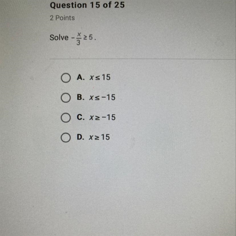 Please help me Solve -x/3 >5-example-1