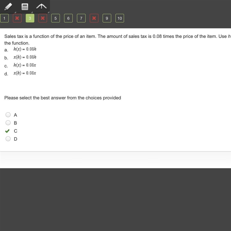 Sales tax is a function of the price of an item. The amount of sales tax is 0.08 times-example-1