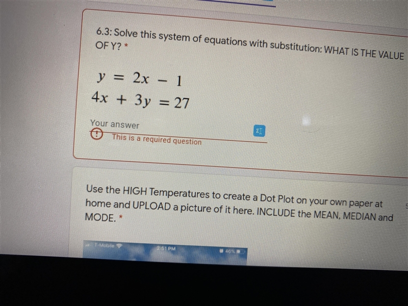 Y=2x-1 4x+3y=27 what is the value of y-example-1