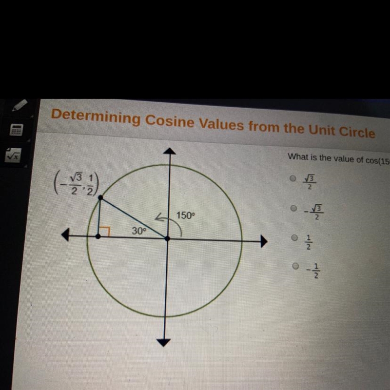 What is the value of cos(150°)? OF 22 - V3 2. 1500 30 --example-1