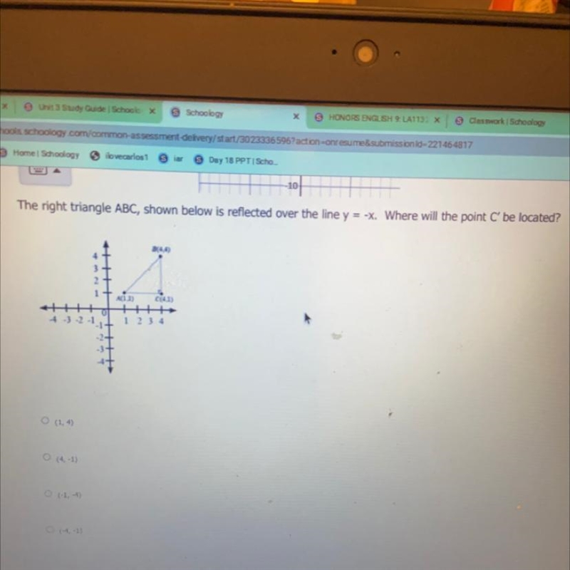 The right triangle ABC, shown below is reflected over the line y = -x. Where will-example-1