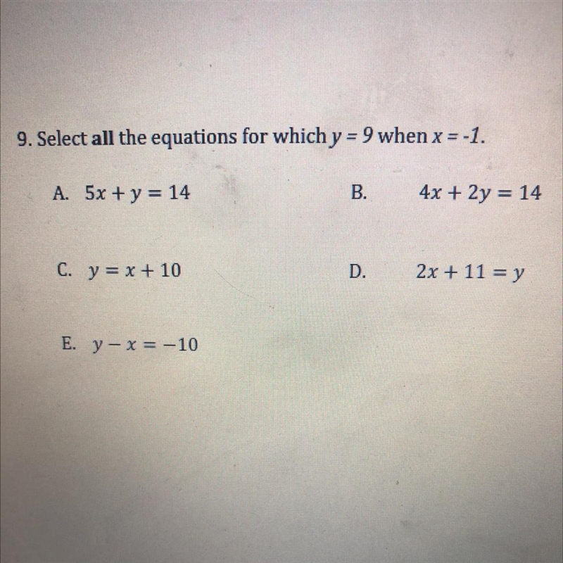 Select all the equations for which y = 9 when x = -1.-example-1