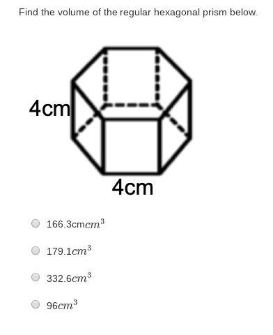 Find the volume of the regular hexagonal prism below.-example-1