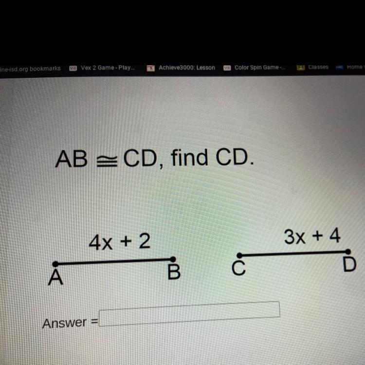 AB = CD, find CD. 4x + 2 3x + 4 A B Answer-example-1