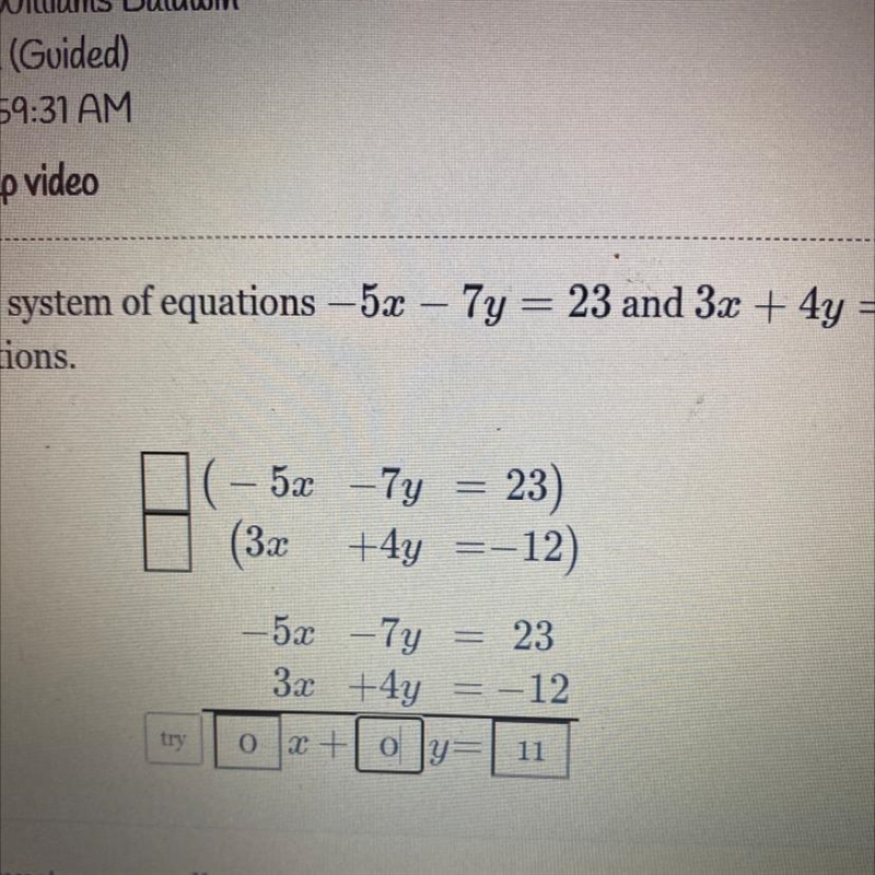 Solve the system of equations-5x-7y=23and 3x+4y=12 by combining the equations-example-1