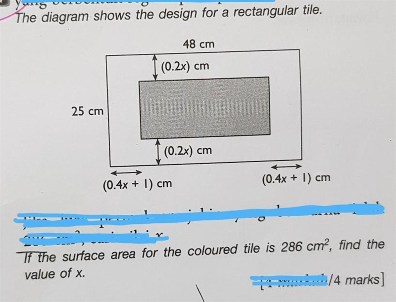 If the surface area for the coloured tile is 286cm², find the value of x. pls hlp-example-1