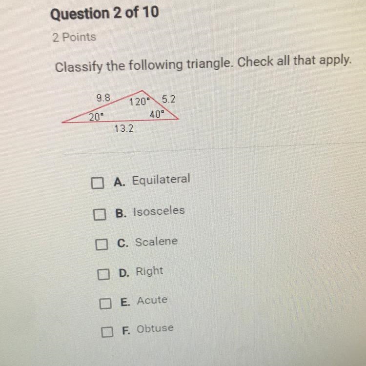 Classify the following triangle. Check all that apply.-example-1