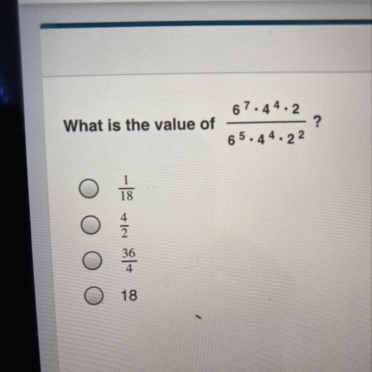 What is the value of 67.4 4.2 ? 6 5.4 4.22 Ε 18 Ο Ο Ο Ο 36 Ο 18-example-1