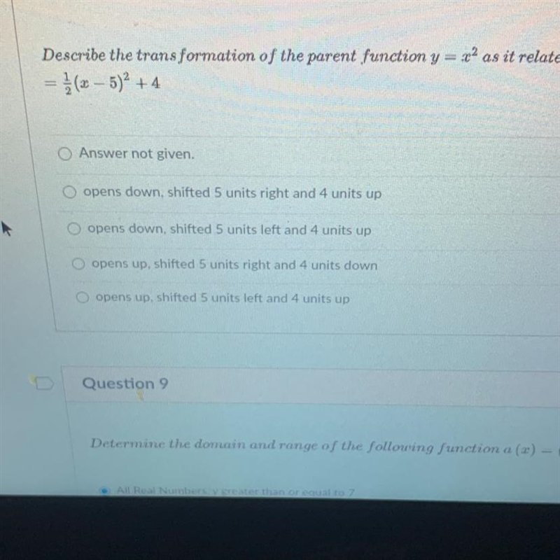 PLEASE HELP ILL MARK WHAT U WANT! Describe the transformation of the parent function-example-1