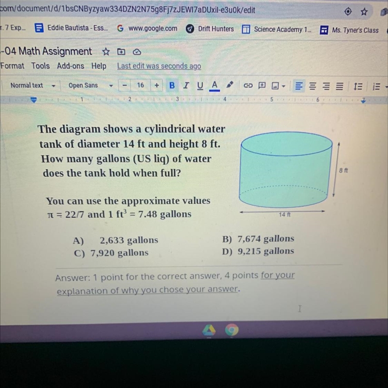 A.2,633 gallons B.7,674 gallons C.7,920 gallons D.9,215 gallons-example-1