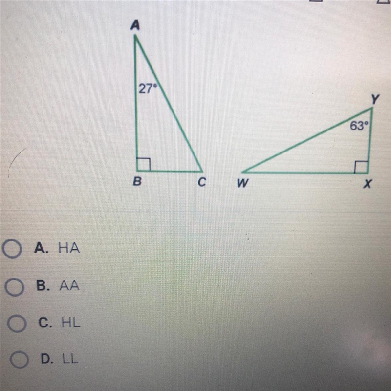 Which of the following theorems verifies that ABC~WXY?-example-1