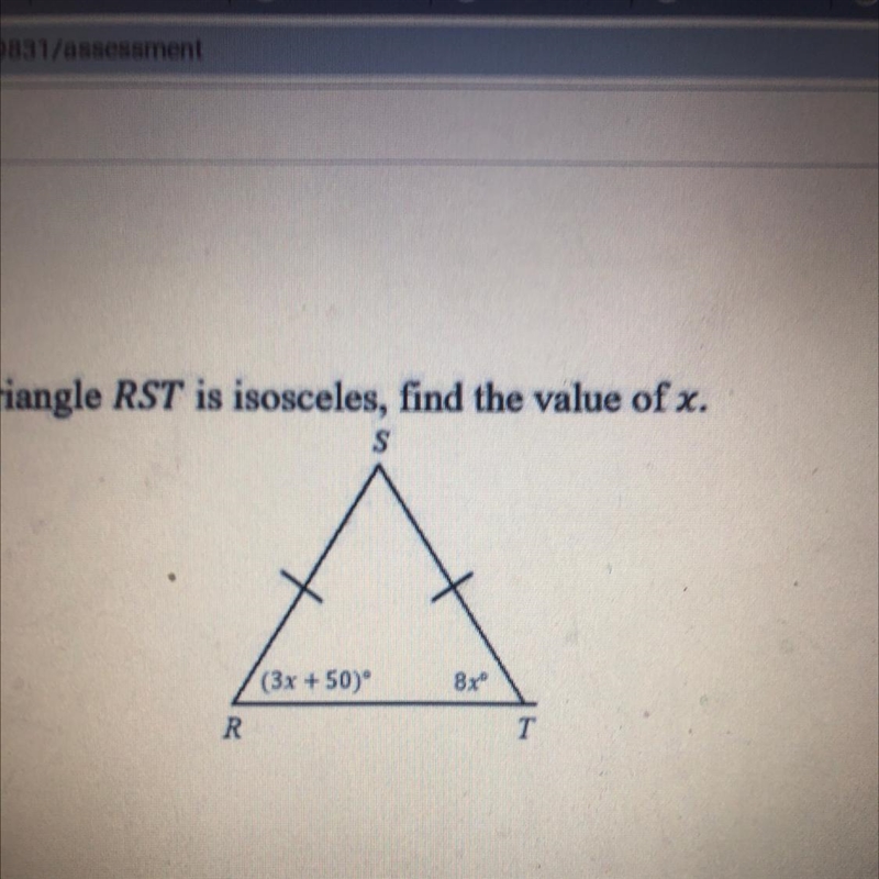 Given that triangle RST is isosceles, find the value of x.-example-1