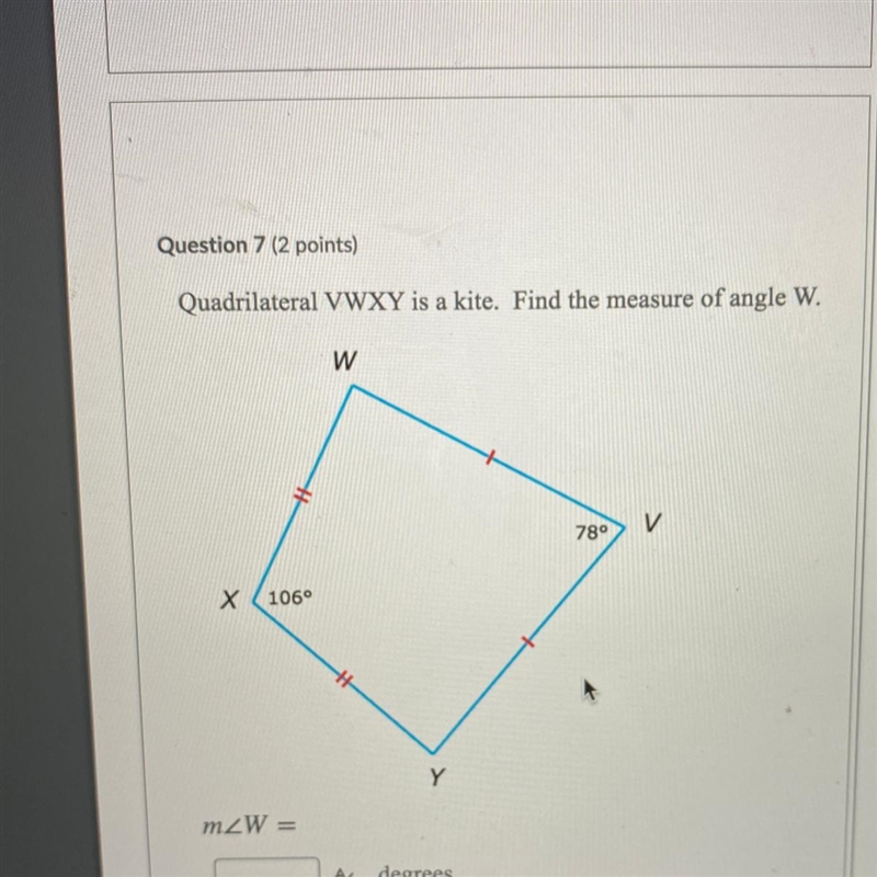 Quadrilateral VWXY is a kite. Find the measure of angle W.-example-1