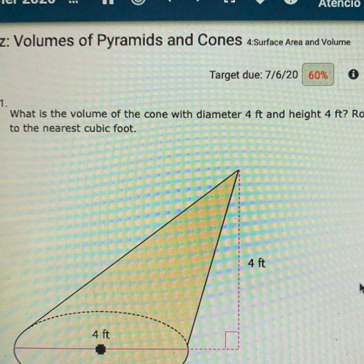 What is the volume of the cone with a diameter of 4ft and height 4ft round to the-example-1