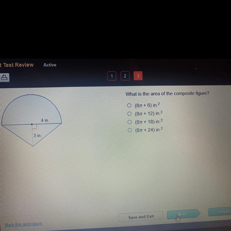 What is the area of the composite figure? 4 in O (877 + 6) in.2 (817 + 12) in 2 (877 + 18) in-example-1