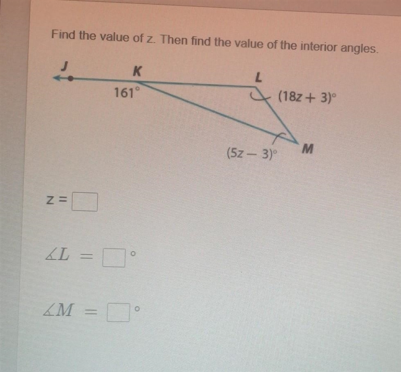 Find the value of z. Then find the value of the interior angles ​-example-1