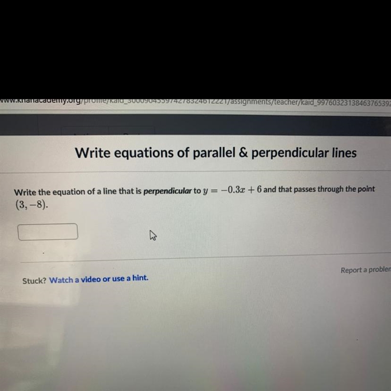 Write the equation of a line that is perpendicular to y=-0.3x+6 and passes through-example-1