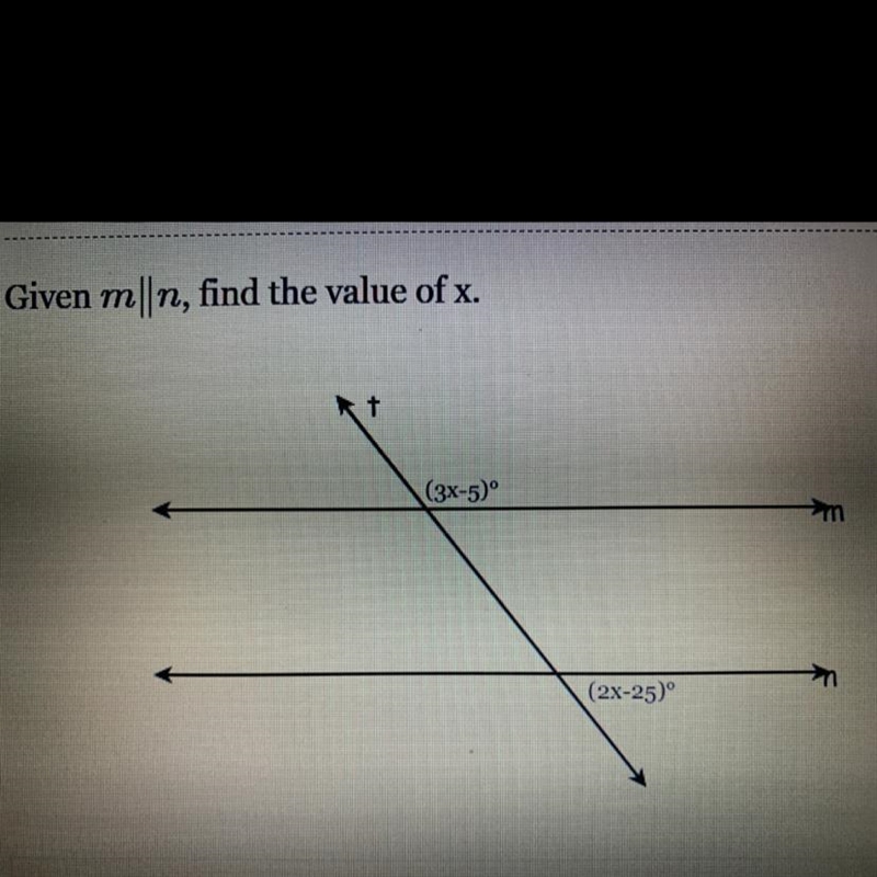 Given mn, find the value of x. kt (3x-5) m → (2x-25) Please help me-example-1