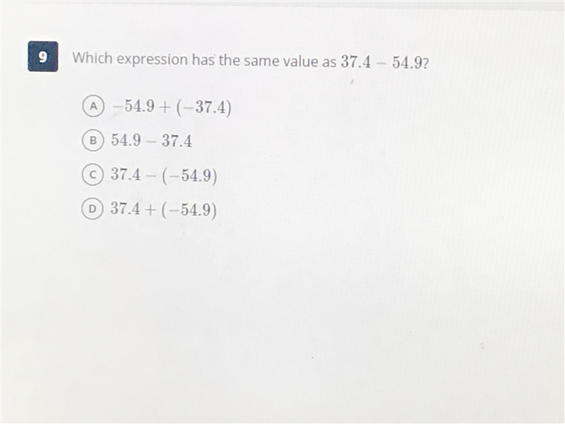 Which expression has the same value as 37.4 - 54.9?-example-1