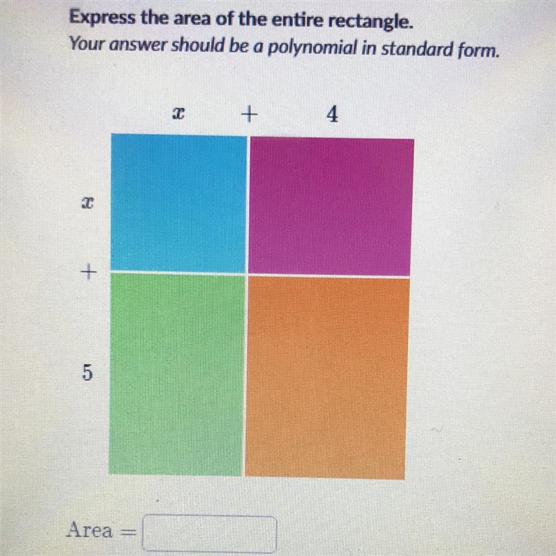 Express the area of the entire rectangle. you answer should be a polynomial in standard-example-1