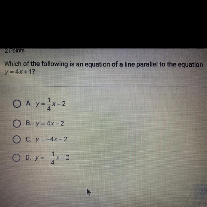 Which of the following is an equation of a line parallel to the equation y=4x+1?-example-1