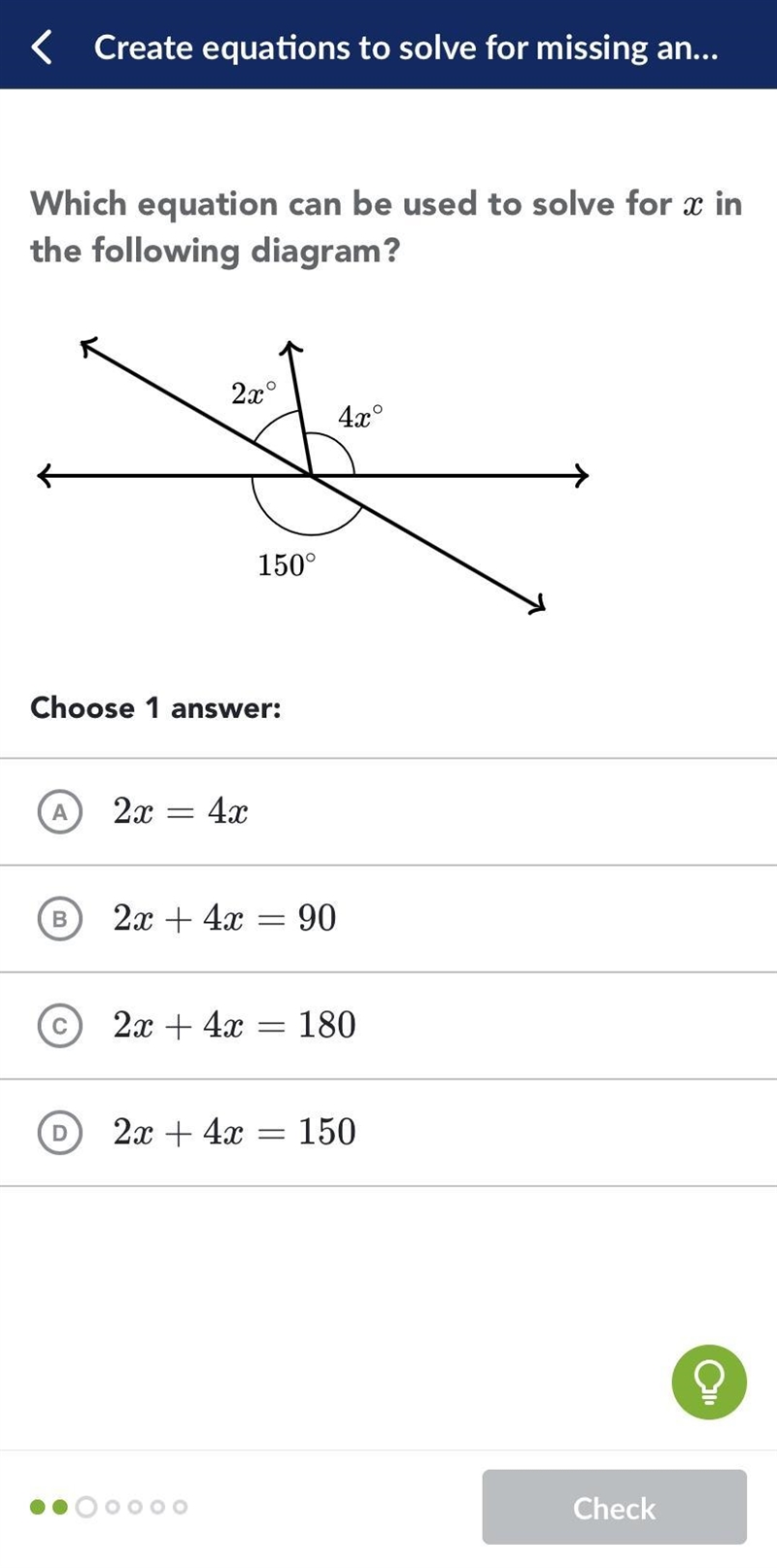 Which equation can be used to solve for x in the following diagram? Choose 1 answer-example-1