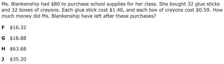 Find the total cost of the glue sticks then the cost of the crayons. Find the total-example-1