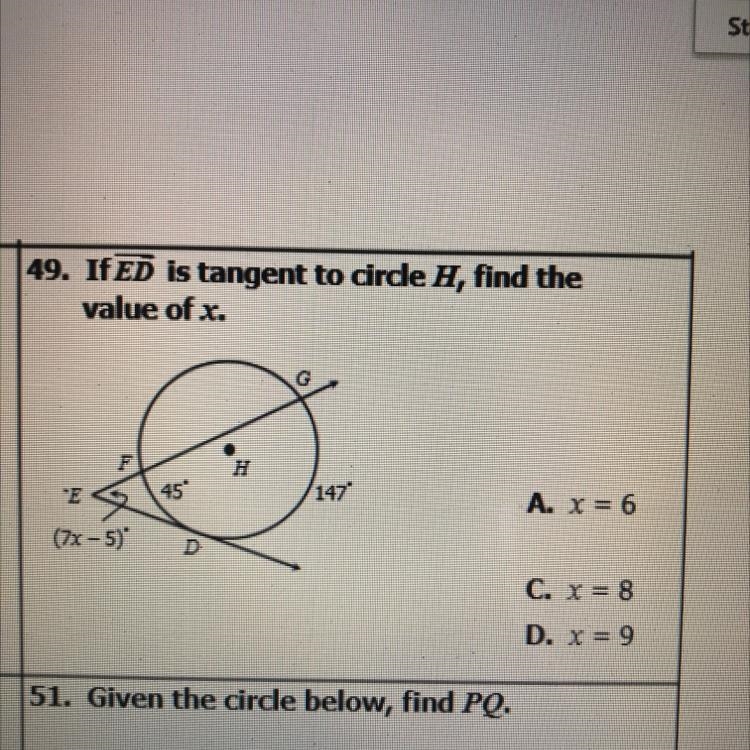 If ED is tangent to circle H, find the value of x-example-1