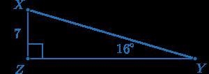 In right triangle XYZ, ∠Z is a right angle, m∠Y=16∘, and XZ=7. sin16∘≈0.276 cos16∘≈0.961 tan-example-1