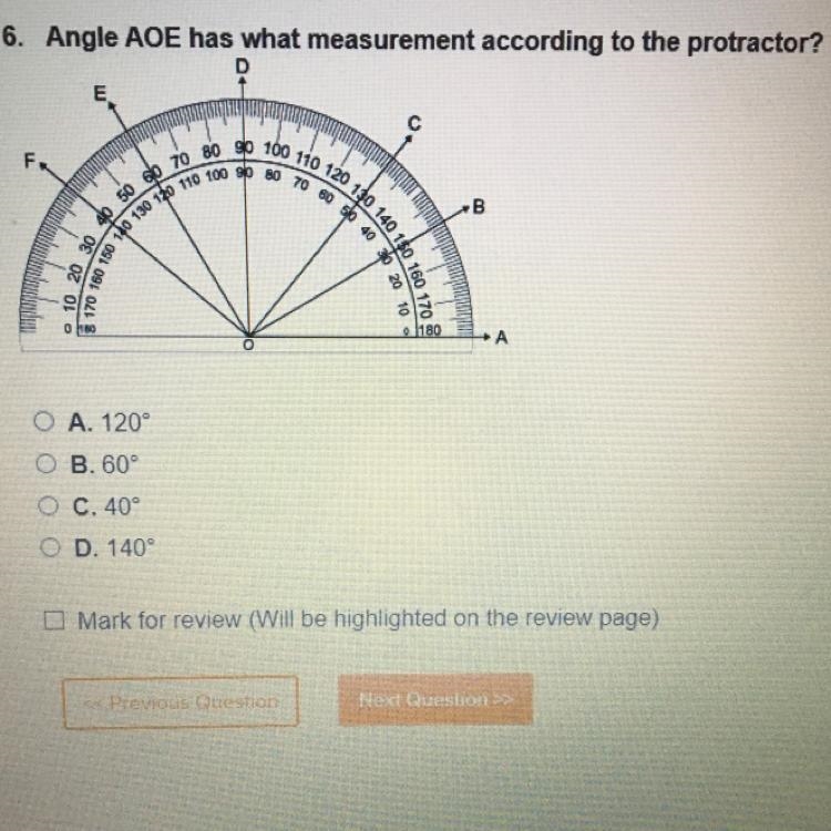 I need help fast! Angle AOC has what measurement according to the protractor?-example-1