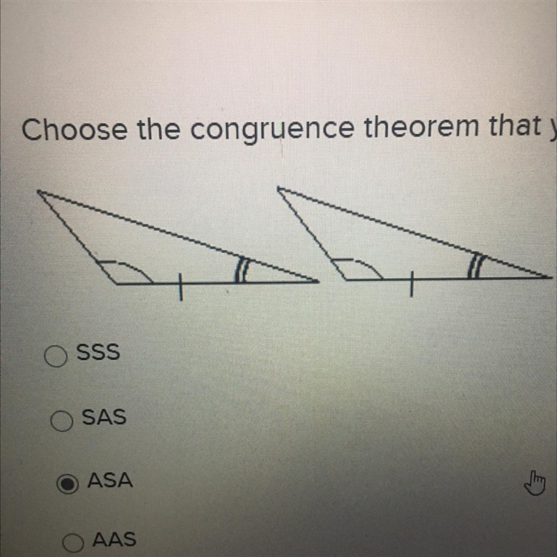 Choose the congruence theorem that you would use to prove the triangles congruent-example-1