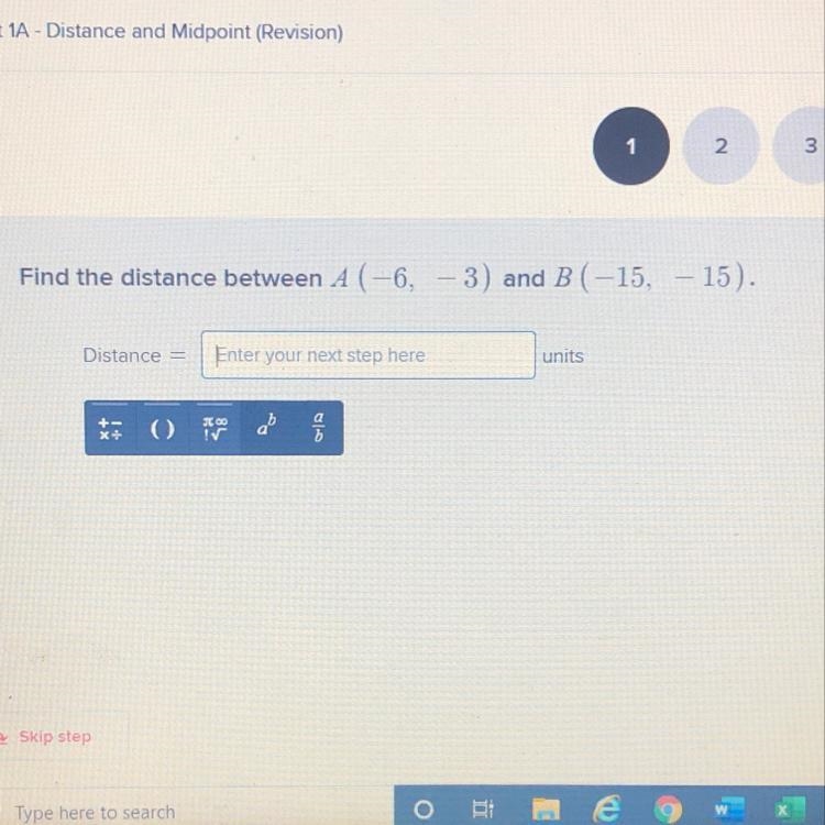 Find the distance between A (-6,-3) and B (-15, – 15).-example-1