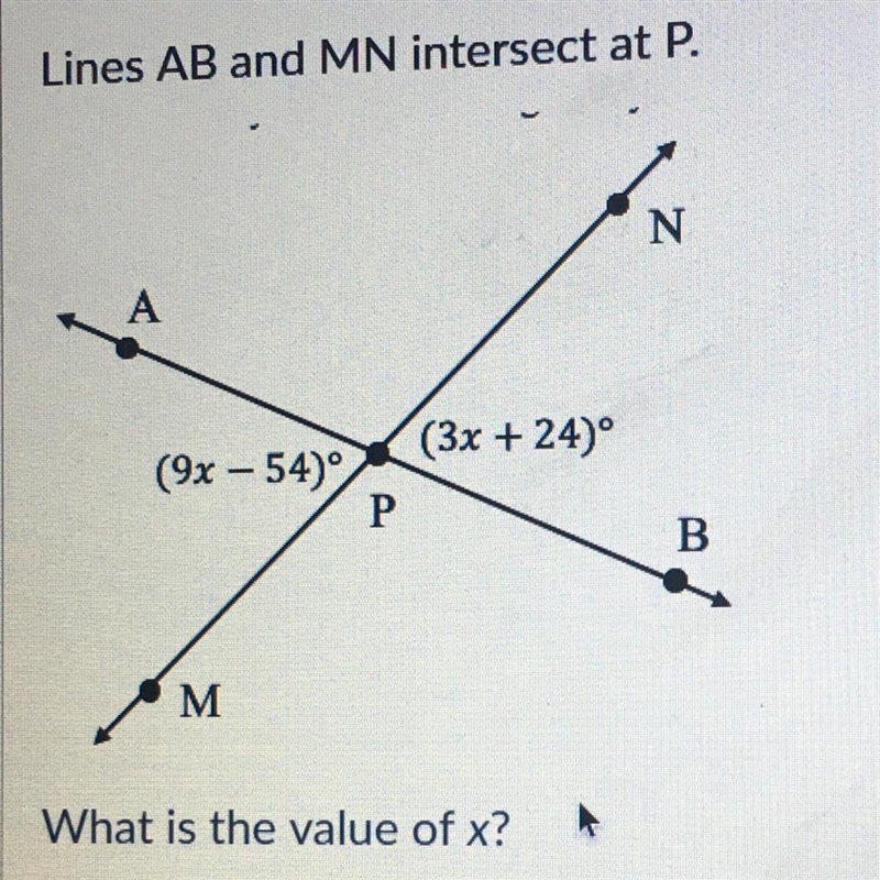 Lines AB and MN intersect at P. N A (3x + 24) (9x - 54) P B M What is the value of-example-1